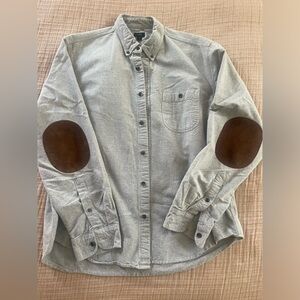 J Crew cotton bottom down shirt with leather elbow patches.